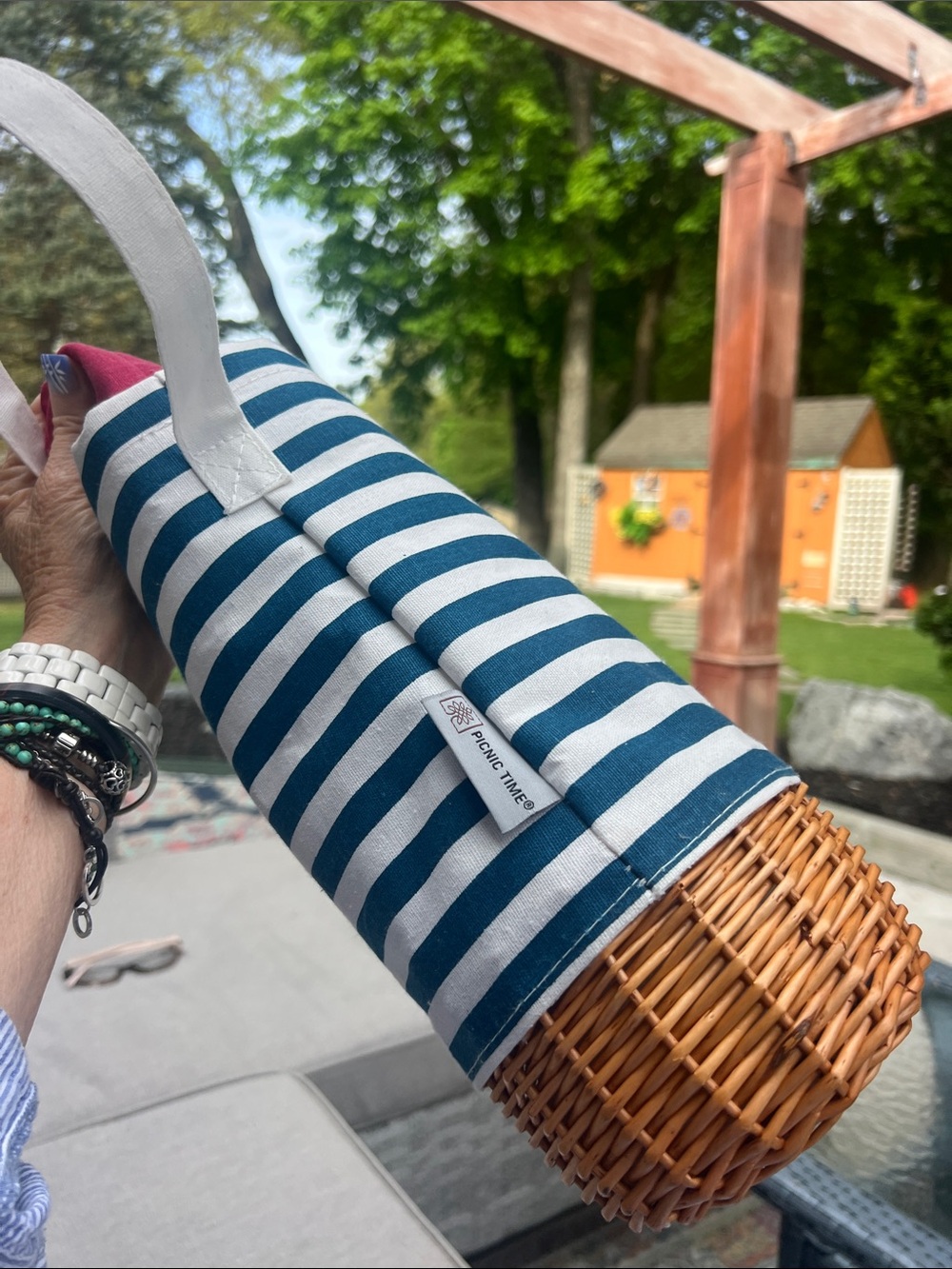 Navy & White Striped Tote with Pink Drawstring - Picture 4 of 5
